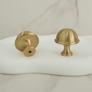May include: Two brass mushroom-shaped cabinet knobs. One knob lies on its side, showing the threaded screw. The other is upright, displaying its rounded top and stem. These decorative knobs add a unique touch to furniture.
