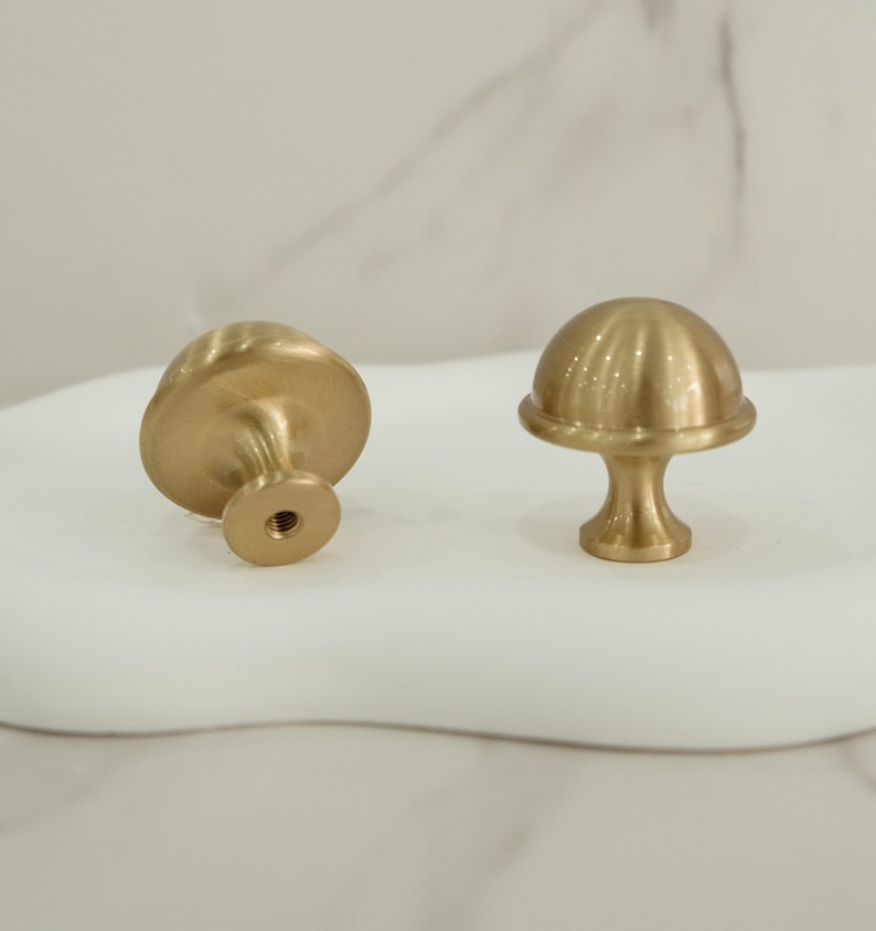 May include: Two brass mushroom-shaped cabinet knobs. One knob lies on its side, showing the threaded screw. The other is upright, displaying its rounded top and stem. These decorative knobs add a unique touch to furniture.