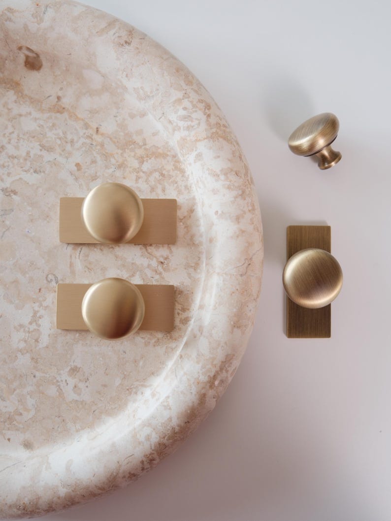 Lennox Knob| Solid Brass Cabinet Knob with backplate, Heritage Brass and Brushed Brass | Kitchen Bathroom Mudroom Dresser Furniture Handles image 9