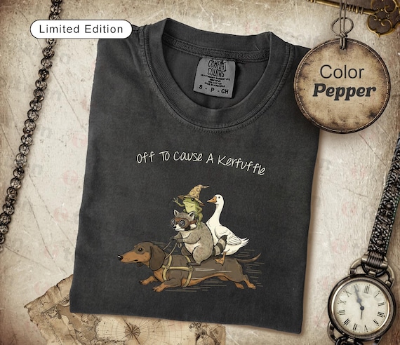Off to Cause a Kerfuffle – Funny Dachshund-Frog Meme, Raccoon Tee, Silly Goose Comfort Colors Tee