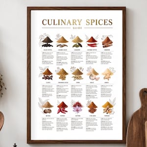 Può includere: Una stampa artistica incorniciata intitolata CULINARY SPICES GUIDE con illustrazioni di quindici diverse spezie ed erbe aromatiche. Ogni voce include una rappresentazione visiva della spezia, il nome, il profilo aromatico e gli usi culinari.