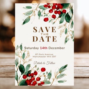 May include: A Save the Date card with a watercolor design. The card features the text "SAVE THE DATE" in brown, with the date "Saturday 14th December" below. The card is decorated with green leaves and red berries. The address is 87 Park Avenue, Manchester M14 5RT.