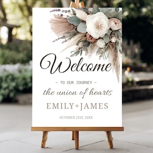 Editable Boho Pampas Wedding Welcome Sign – Neutral Printable Entrance Sign Template – Rustic Modern Ceremony Decor for Bride and Groom