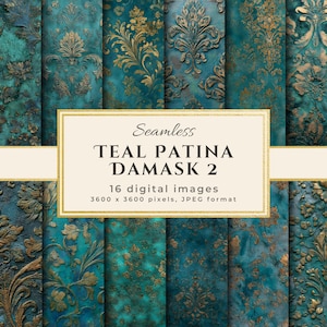 Teal Patina Damask Digital Paper Set, Floral Baroque Designs Gold Textures, Instant Download for Commercial Projects