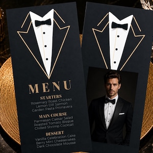 May include: Two black menu cards featuring a white tuxedo shirt front with a black bow tie and gold geometric lapel outlines. The left card displays the word MENU in gold, followed by lists for starters, main course, and dessert. The right card features a photograph of a person in a tuxedo.
