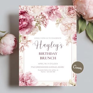 Peony Birthday Invitation Template Digital Download, Soft Pink Floral Brunch Birthday Invitation for a Ladies' Luncheon Printable Template