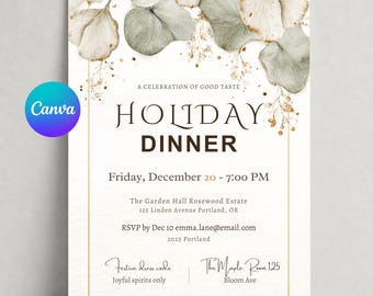 Op de afbeelding: Een rechthoekige uitnodigingskaart voor een feestelijk diner met aquarel eucalyptusbladeren in gedempte groen- en beigetinten aan de bovenzijde. De tekst luidt: A CELEBRATION OF GOOD TASTE HOLIDAY DINNER, Friday, December 20 - 7:00 PM, The Garden Hall Rosewood Estate.
