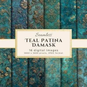 Seamless Teal Patina Damask Digital Paper, Floral Baroque Patterns Antique Gold Textures, Instant Download for Commercial Use