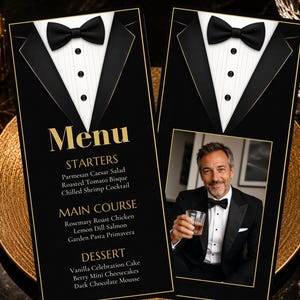 Tuxedo Black Tie Menu Dinner Template Digital Download, Black Tie Dinner Menu for Men Instant Download, Tuxedo Theme Dinner Menu Personalize