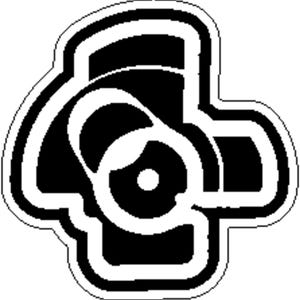May include: Black and white graphic of a stylized design. The design features a combination of rounded and angular shapes, with a central circular element and a surrounding outline. The overall shape resembles a stylized emblem or logo.