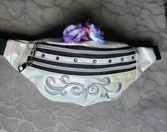 Holographic Pearlesque WHITE Fanny Pack Large Waist Bag w silk flowers n Silver applique Crossbody Rave Festival Boho Chic Boheme EDM BM