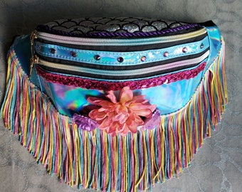 Holographic Turquoise Blue Fanny Pack w Rainbow Fringe LARGE Waist Bag Crossbody Pink Sequin Trim with 3 Hand painted Silk Flowers Rave EDM