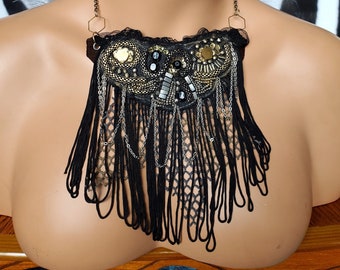 ALT Necklace, statement necklace, BOHO CHIC, Steampunk, beaded black lace, fringe, brass, iridescent blue, handsewn, brass chains hexagons