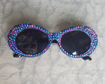 Bling Sunnys Sunglasses w Colorful Rainbow Crystal AB Rhinestones on Round Oval Shaped frames Glam lens Unisex Women Men Adult Festival EDM