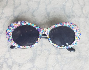 Bling Sunnys Sunglasses w Colorful Rainbow Crystal AB Rhinestones on Round Oval Shaped frames Glam lens Unisex Women Men Adult Festival EDM