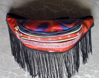 Holographic Red Fanny Pack with Black Fringe LARGE Waist Bag pink sequins Rainbow Colorful Top fabric - Rave Festival Boho Chic Boheme EDM