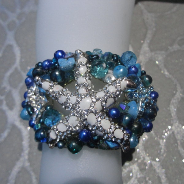 MERMAID Bracelet -variation of Once Upon A Time 's - Swarovski crystals rhinestones starfish pearls dolphin silver blue coral turquoise gems