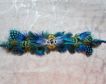 6 in 1 Feather  Headband / Choker / Armband / Bracelette / Anklette / Garter - on Leather w Laces - Pheasant & Parrot OOAK Custom Made