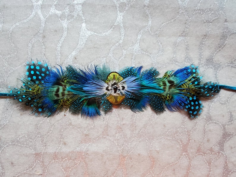 6 in 1 Feather Headband / Choker / Armband / Bracelette / Anklette / Garter on Leather w Laces Pheasant & Parrot OOAK Custom Made image 1