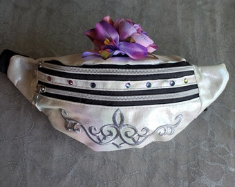 Holographic Pearlesque WHITE Fanny Pack Large Waist Bag w silk flowers n Silver applique Crossbody Rave Festival Boho Chic Boheme EDM BM