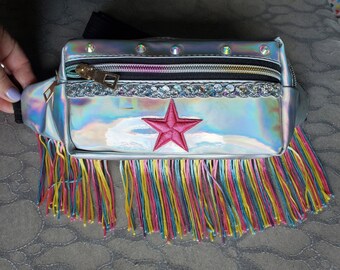 Holographic Silver and Pink Fanny Pack with Pastel Rainbow Fringe Rainbow Rhinestones Trim SMALL Waist Bag Crossbody Rave Festival Boho Chic