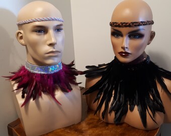 Head Dress or Feather Cleopatra Collar Choker w Faux Crocodile leather Fringe Sequin Trim Rooster feathers Unisex 2 ways to Wear Mask laced
