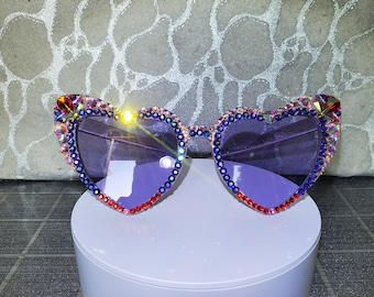 Bling Sunnys Sunglasses w Colorful Rainbow Crystal AB Rhinestones on Heart Shaped frames w Glam lenses Unisex Women Men Adult Festival EDM