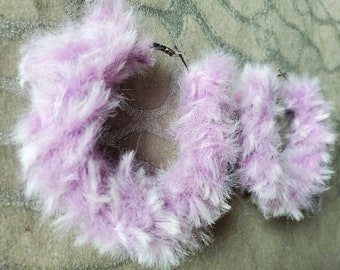 Pastel Purple Lilac Fluffy Faux Fur Fun Macrame Woven Large Hoop Earrings Rave Festival Boho Chic Boheme Hippie Folk Hippy EDM Kawaii Raver