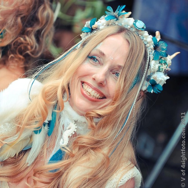 Head Piece - Yuyi the Mermaid Bride - Crown- Moonstone, Freshwater Pearls, Snakeskin, Abalone, Starfish, Sea Shells, Coral