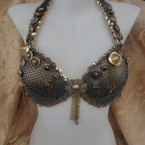 Festival / Rave Bra Mermaid / Bellydance belly dancer top Trinkets, Chains Charms Accents, Netted, Steampunk, clocks, keys Made to Order image 1