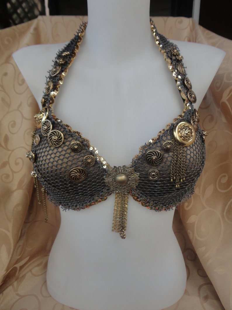 Festival / Rave Bra Mermaid / Bellydance belly dancer top Trinkets, Chains Charms Accents, Netted, Steampunk, clocks, keys Made to Order image 1