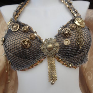 Festival / Rave Bra Mermaid / Bellydance belly dancer top Trinkets, Chains Charms Accents, Netted, Steampunk, clocks, keys Made to Order image 2