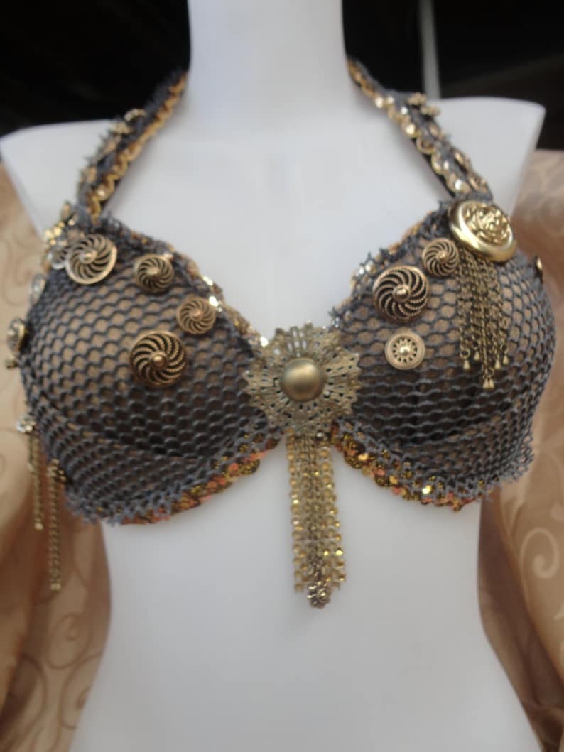 Festival / Rave Bra Mermaid / Bellydance belly dancer top Trinkets, Chains Charms Accents, Netted, Steampunk, clocks, keys Made to Order image 2