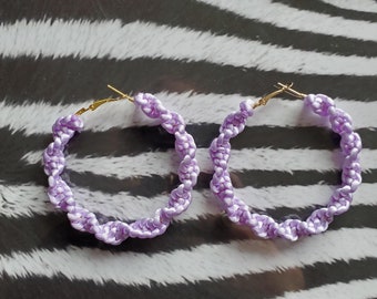 Pastel Lavender Purple Satin Macrame Cord Woven Spiral Twisted Large Hoop Earrings Rave Festival Boho Chic Boheme Mermaid Hippy EDM Kawaii