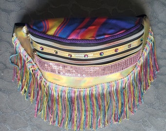 Holographic Gold and Barbie Pink Fanny Pack with Fringe LARGE Waist Bag Crossbody Pastel Rainbow Colorful Rave Festival Boho Chic Boheme EDM