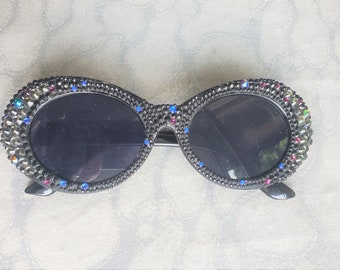 Bling Sunnys Sunglasses w Dark Crystal Rhinestones on Oval Shaped frames Glam lens Unisex Women Men Adult Festival EDM Burning Man