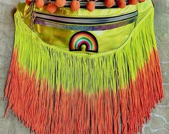 BLING Bedazzled Fanny Pack Cross Body bum bag Holographic Neon Yellow Vinyl w Swarovski Rhinestone Crystal trim Orange Fringe Rainbow patch
