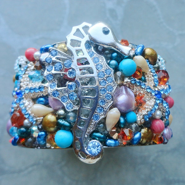 MERMAID Bracelet - inspired by Once Upon A Time 's Ariel - Seahorse coral shells swarovski crystals starfish pearls blue pink CUSTOM ORDER
