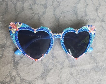 Bling Sunnys Sunglasses w Colorful Rainbow Crystal AB Rhinestones on Heart Shaped frames w Glam lenses Unisex Women Men Adult Festival EDM