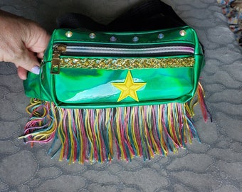 Holographic Green Fanny Pack with Pastel Rainbow Fringe Rainbow Rhinestones Trim with Yellow Star SMALL Waist Bag Crossbody Rave Festival