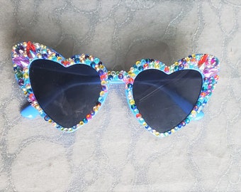 Bling Sunnys Sunglasses w Colorful Rainbow Crystal AB Rhinestones on Blue Heart Shaped frames Glam lens Unisex Women Men Adult Festival EDM