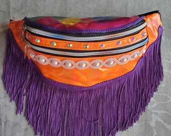 Holographic Orange Fanny Pack with Fringe LARGE Waist Bag Crossbody Pastel Rainbow Colorful Rave Festival Boho Chic Boheme EDM Burning Man