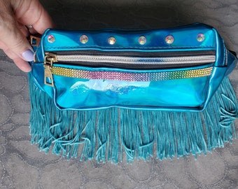 Holografische Fanny Pack met Fringe KLEINE Heuptas Crossbody Pastel Rainbow Kleurrijk Rave Festival Boho Chic Boheme EDM Burning Man 80s