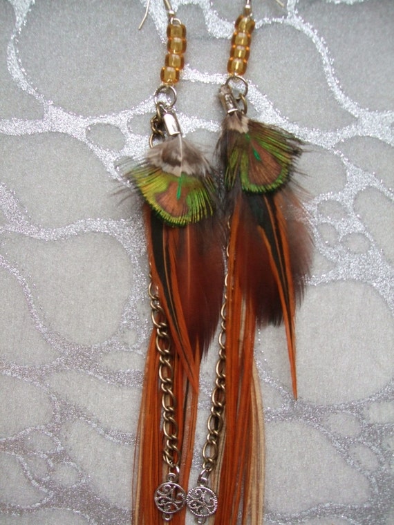 Items similar to Feather Earrings - Extra Long, Auburn, Red, Black ...