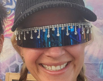 Bling Sunnys Sunglasses w Curtain white Crystal Rhinestones on a Halo Visor frame Glam lens Unisex Women Men Adult Festival EDM Visor