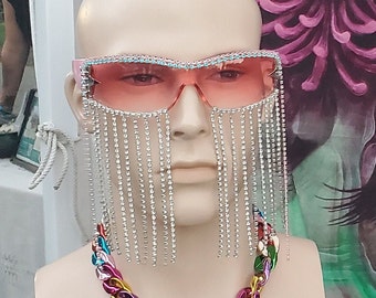 Bling Sunnys Sunglasses w blue and white Crystal Rhinestones on Oval Shaped frames Glam lens Unisex Women Men Adult Festival EDM Burning Man