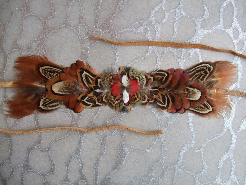 6 in 1 Feather Headband / Choker / Armband / Bracelette / Anklette / Garter on Leather w Laces Pheasant & Parrot OOAK Custom Made image 2