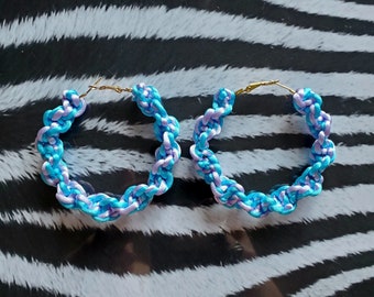 Pastel Purple Blue Satin Macrame Cord Woven Spiral Twisted Large Hoop Earrings Pastel Sky Blue Rave Festival Boho Chic Boheme Mermaid Kawaii