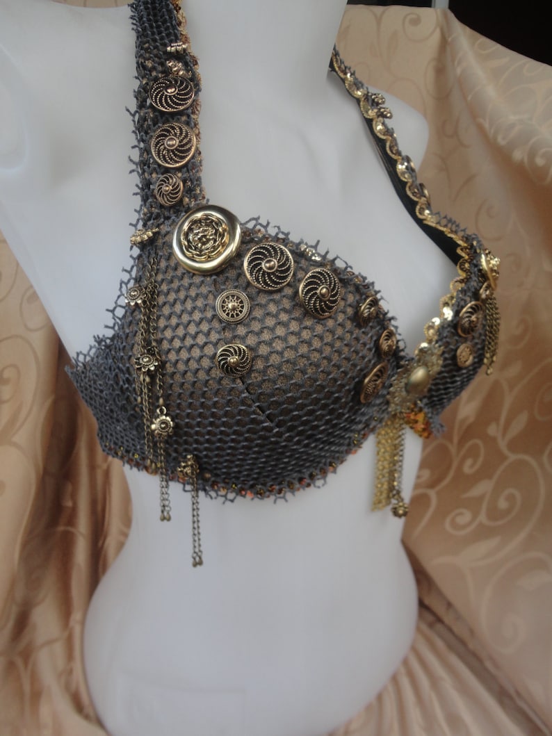 Festival / Rave Bra Mermaid / Bellydance belly dancer top Trinkets, Chains Charms Accents, Netted, Steampunk, clocks, keys Made to Order image 3