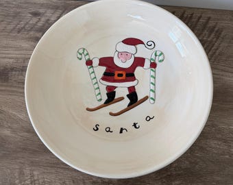 Vintage Hausenware Sally Noll Santa Skier Serving Bowl Christmas Ceramic Candy Cane Holiday Dish